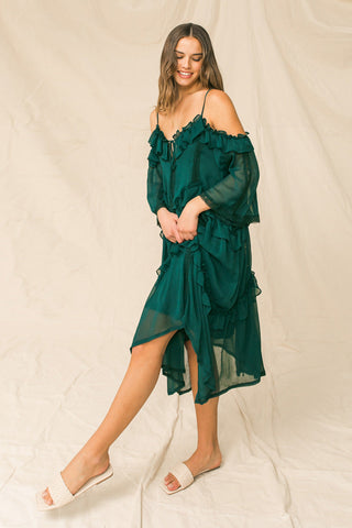 YOU'RE MINES STILL RUFFLED MIDI DRESS