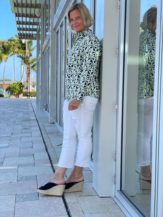 GREEN AND NAVY PALM ZIPPER TOP - Cathys Place