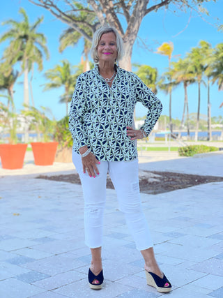 GREEN AND NAVY PALM ZIPPER TOP - Cathys Place