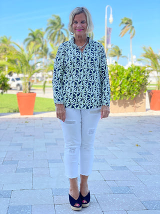 GREEN AND NAVY PALM ZIPPER TOP - Cathys Place