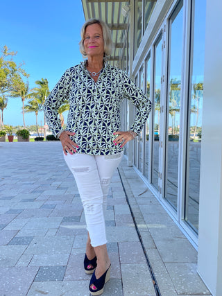 GREEN AND NAVY PALM ZIPPER TOP - Cathys Place