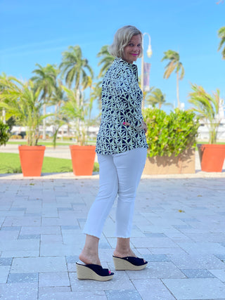 GREEN AND NAVY PALM ZIPPER TOP - Cathys Place
