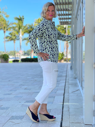 GREEN AND NAVY PALM ZIPPER TOP - Cathys Place