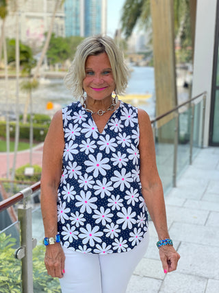 DAISY DAY SLEEVELESS V-NECK TOP - Cathys Place