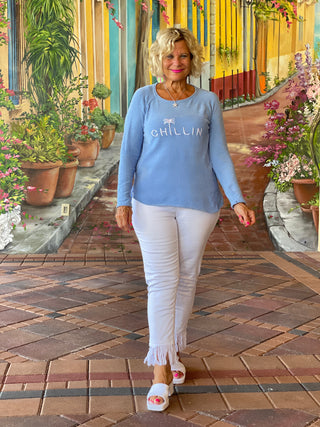 CHENILLE PERRI BLUE CHILLN CREW SWEATER