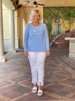 CHENILLE PERRI BLUE CHILLN CREW SWEATER