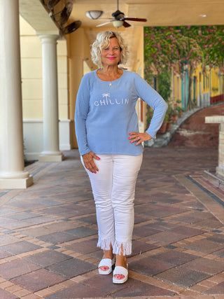 CHENILLE PERRI BLUE CHILLN CREW SWEATER