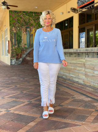 CHENILLE PERRI BLUE CHILLN CREW SWEATER