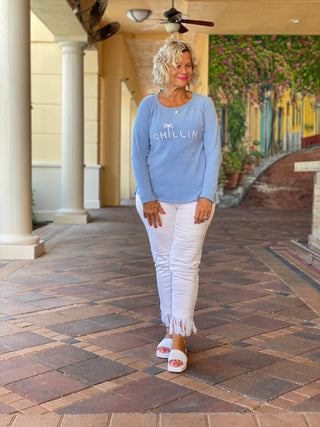 CHENILLE PERRI BLUE CHILLN CREW SWEATER