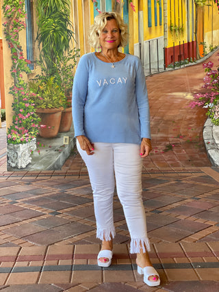 CHENILLE PERRI BLUE VACA CREW SWEATER