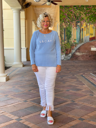 CHENILLE PERRI BLUE VACA CREW SWEATER