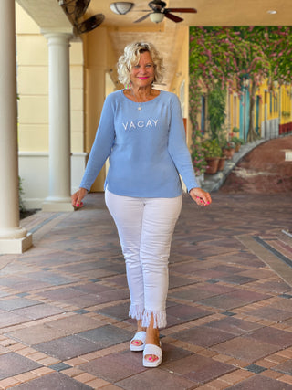 CHENILLE PERRI BLUE VACA CREW SWEATER