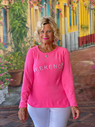 CHENILLE HOT PINK WEEKEND CREW SWEATER