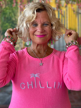 CHENILLE HOT PINK CHILLN CREW SWEATER