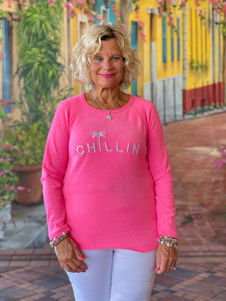 CHENILLE HOT PINK CHILLN CREW SWEATER