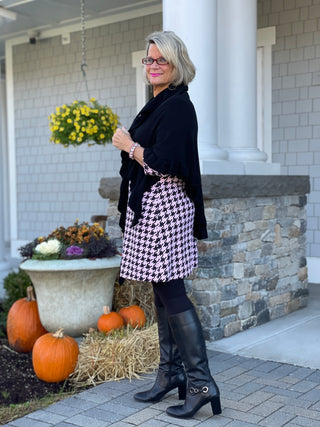 PINK HOUNDSTOOTH RUFFLE NECK DRESS