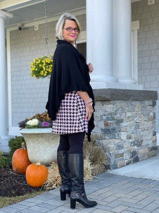 PINK HOUNDSTOOTH RUFFLE NECK DRESS