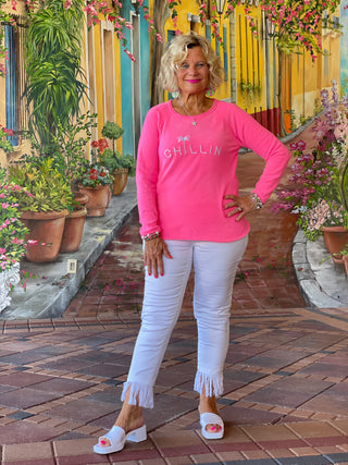 CHENILLE HOT PINK CHILLN CREW SWEATER