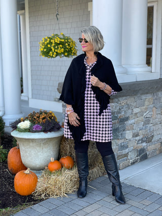 PINK HOUNDSTOOTH RUFFLE NECK DRESS