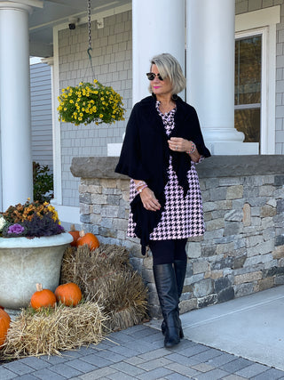 PINK HOUNDSTOOTH RUFFLE NECK DRESS