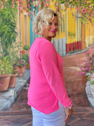 CHENILLE HOT PINK CHILLN CREW SWEATER