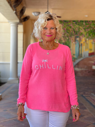 CHENILLE HOT PINK CHILLN CREW SWEATER