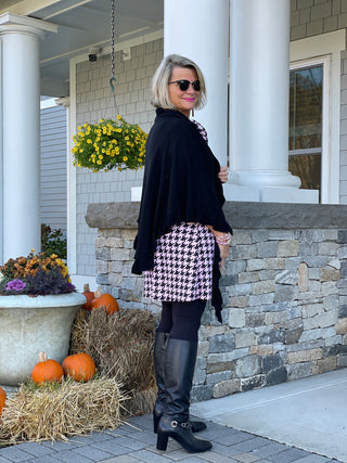 PINK HOUNDSTOOTH RUFFLE NECK DRESS