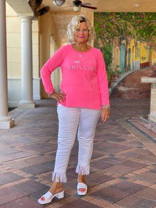CHENILLE HOT PINK CHILLN CREW SWEATER