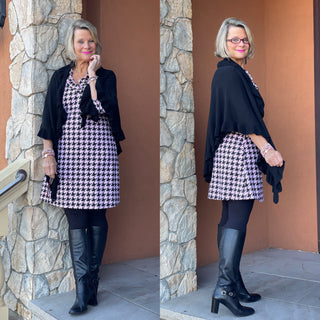 PINK HOUNDSTOOTH RUFFLE NECK DRESS