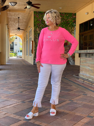 CHENILLE HOT PINK CHILLN CREW SWEATER