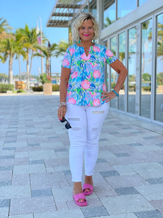 SEASHELL PINK AND BLUE SHORT SLEEVE