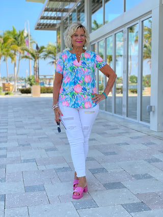 SEASHELL PINK AND BLUE SHORT SLEEVE