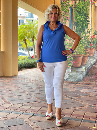 BLUE SLEEVELESS RUFFLE TOP