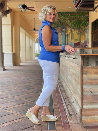 BLUE SLEEVELESS RUFFLE TOP