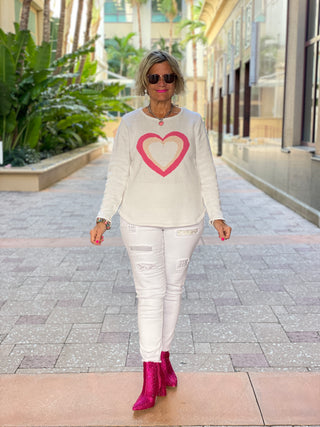 WHITE PINK HEART SWEATER