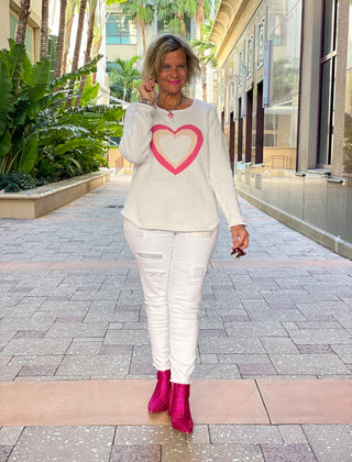 WHITE PINK HEART SWEATER