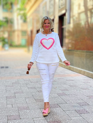 WHITE PINK HEART SWEATER