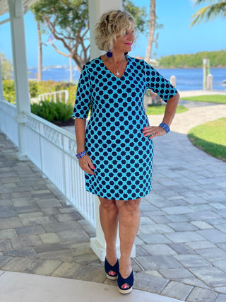 SEASIDE BLUE ELBOW SLEEVE DRESS