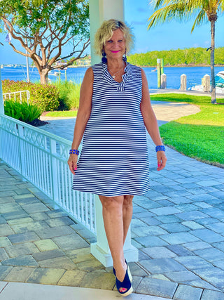 NAUTICAL NAVY SLEEVELESS RUFFLE DRESS - Cathys Place