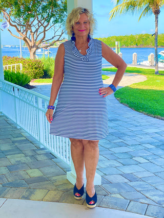 NAUTICAL NAVY SLEEVELESS RUFFLE DRESS - Cathys Place