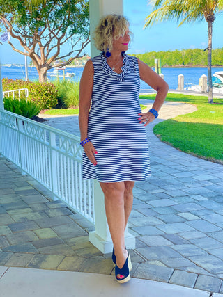 NAUTICAL NAVY SLEEVELESS RUFFLE DRESS