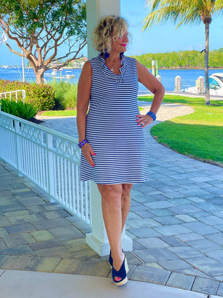 NAUTICAL NAVY SLEEVELESS RUFFLE DRESS