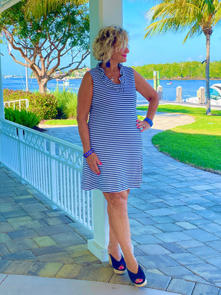 NAUTICAL NAVY SLEEVELESS RUFFLE DRESS