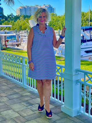 NAUTICAL NAVY SLEEVELESS RUFFLE DRESS - Cathys Place