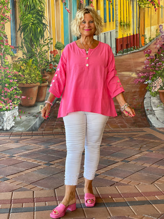 PINK WAFFLE 3 BUTTON TOP - Cathys Place