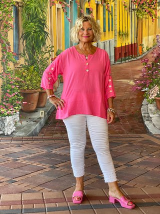 PINK WAFFLE 3 BUTTON TOP - Cathys Place