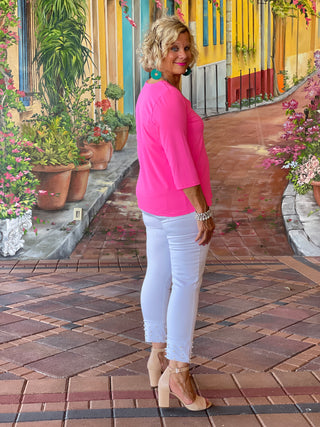TAILORED HOT PINK SLEEVE V NECK TOP