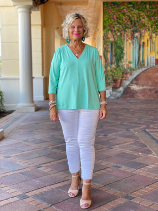 TAILORED ICE BLUE SLEEVE V TOP - Cathys Place