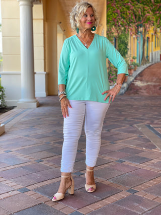 TAILORED ICE BLUE SLEEVE V TOP - Cathys Place