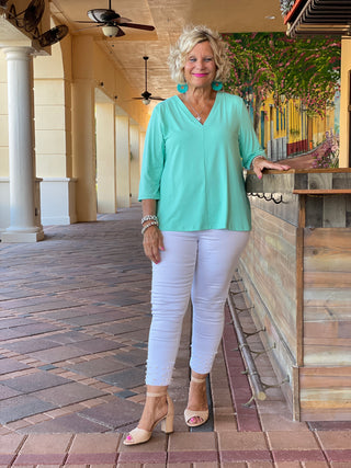 TAILORED ICE BLUE SLEEVE V TOP - Cathys Place